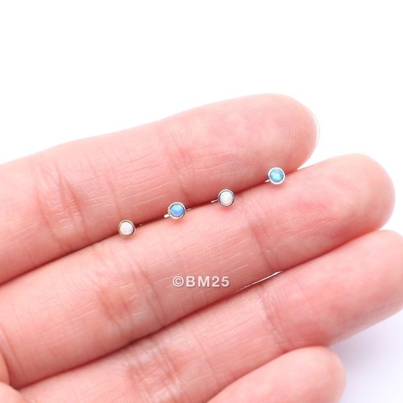 14 Karat White Gold Fire Opal Bezel Set L-Shaped Nose Ring - Picture 3 of 5